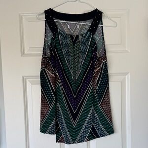 Sleeveless Chevron Geo Print Tank Top - Black with Green, Purple, Coral